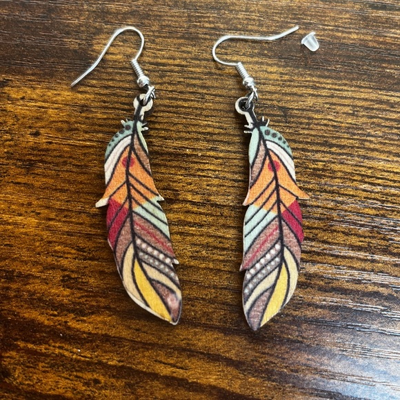 BOGO Multicolor Wood Feather 2" Earrings - Picture 4 of 9